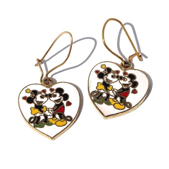 Vintage Mickey & Minnie Mouse White Enamel Heart Earrings Gold Tone Walt Disney - Picture 1 of 3